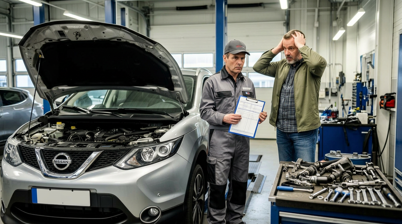 Nissan Qashqai 2015 autokorjaamossa — omistaja järkyttyy kalliista korjauslaskusta