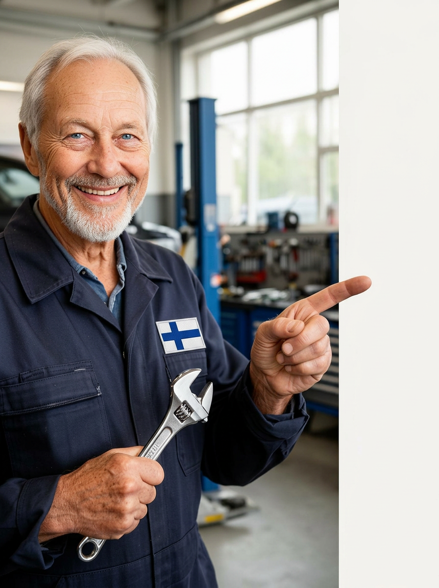 Iloinen suomalainen automekaanikko osoittaa ilmaista tekoälyarviota